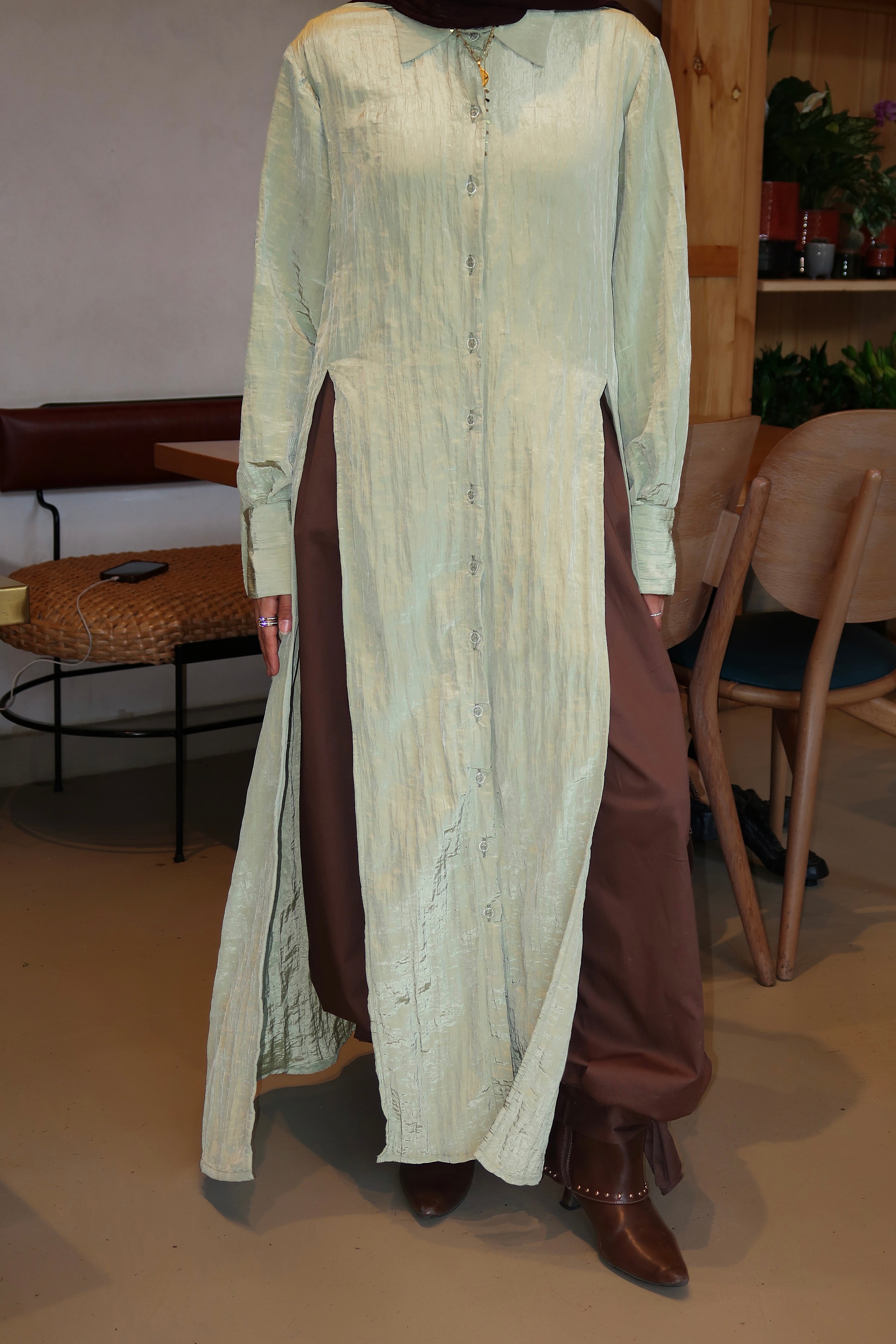 The Crushed Long Shirt in Sage Green