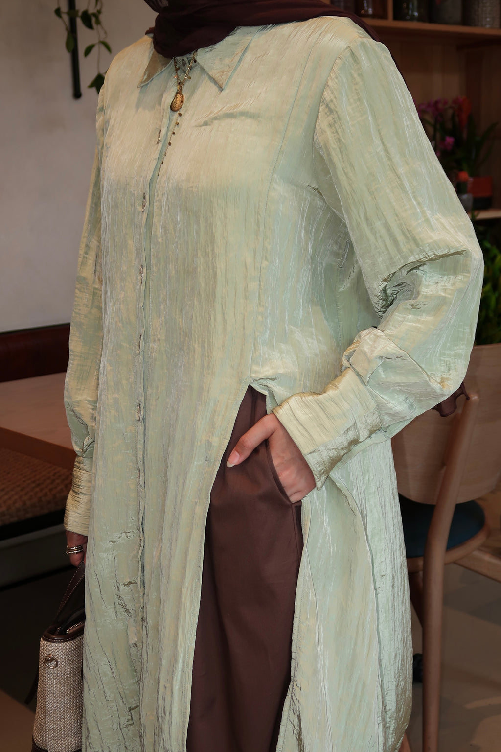 The Crushed Long Shirt in Sage Green